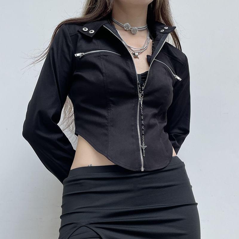 Mock Neck Zip-Up Plain Crop Jacket Product Image