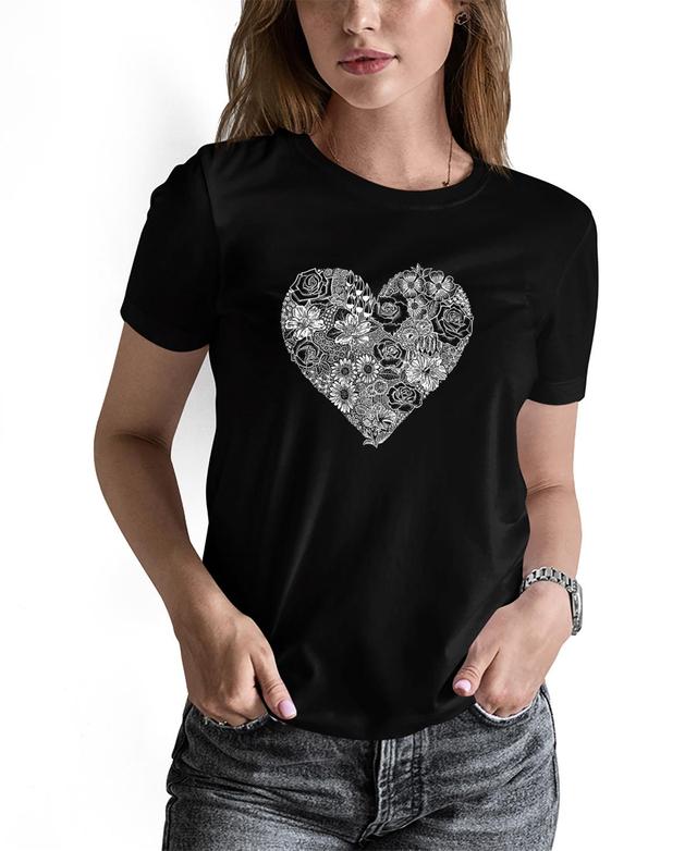 La Pop Art Womens Word Art Heart Flowers Short Sleeve T-shirt Product Image