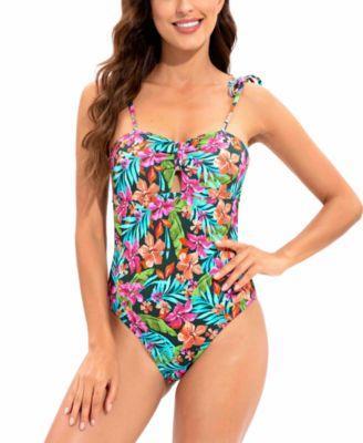 Lucky Brand Womens Floral-Print Vibrant Tie-Shoulder Keyhole One-Piece Swimsuit Product Image