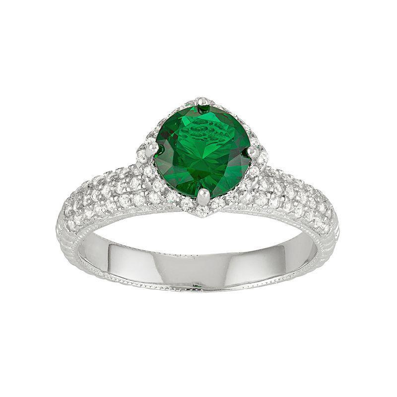 Designs by Gioelli Sterling Silver Simulated Emerald & Lab-Created White Sapphire Halo Ring, Womens Green Product Image