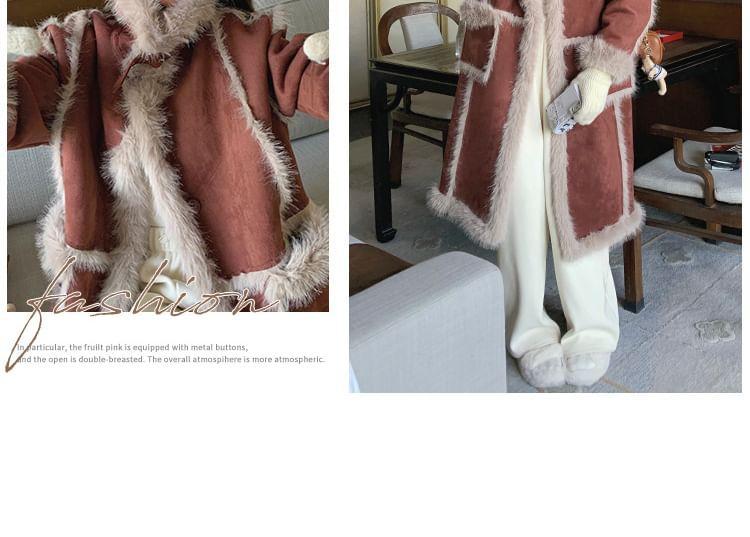 Collared Panel Faux Shearling Midi Button Coat Product Image