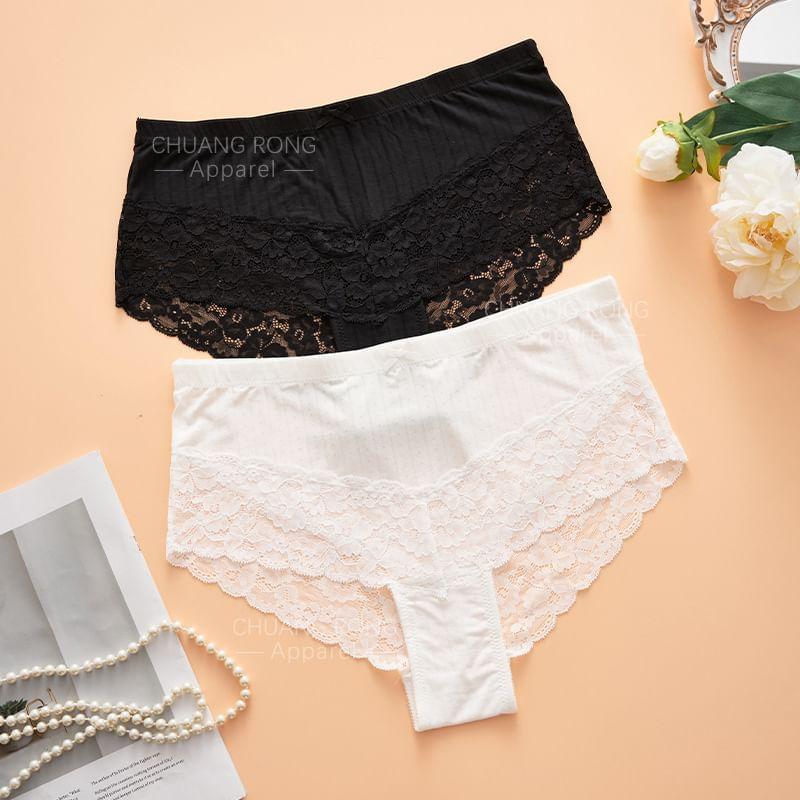 Low Waist Lace Panel Plain Bow Accent Panties Product Image