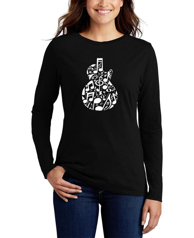 La Pop Art Womens Music Notes Guitar Word Art Long Sleeve T-shirt Product Image