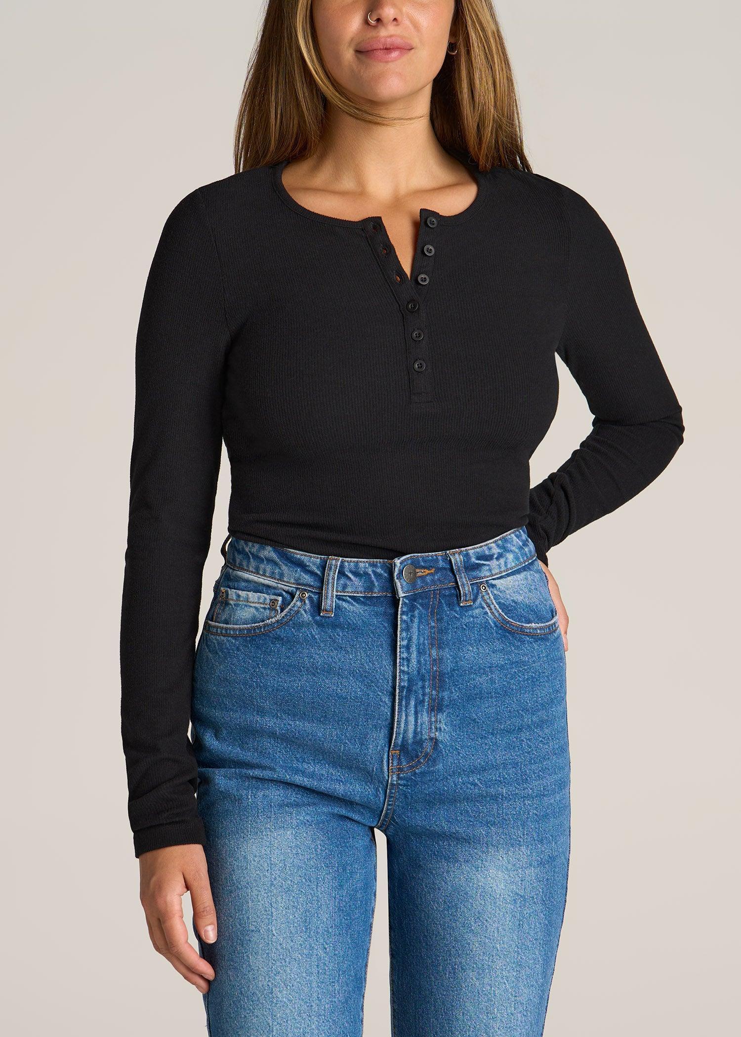 Long Sleeve Ribbed Crewneck Women's Tall Henley Shirt in Black Product Image