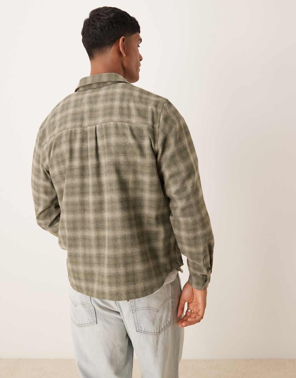 ASOS DESIGN relaxed fit shirt in khaki check with chest print Product Image