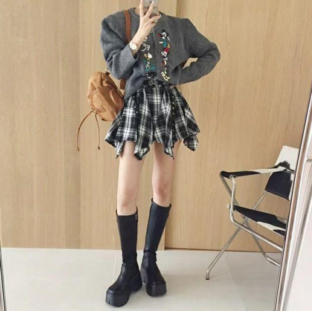 High Rise Belted Gingham Asymmetric Mini Skirt Product Image