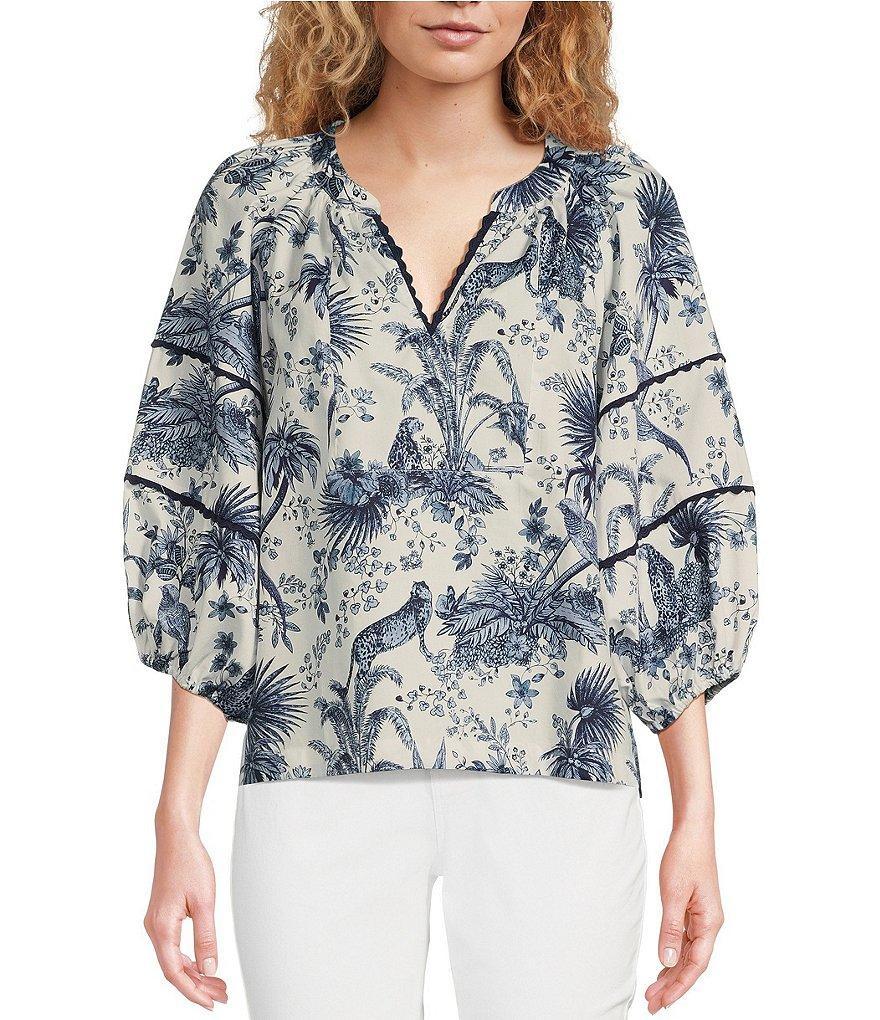 tyler boe Molly Woven Toile Print Banded Split V-Neck 3/4 Balloon Sleeve Raglan Shoulder Lace Trim Top Product Image