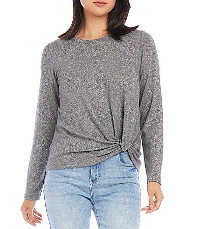 Karen Kane Petite Size Metallic Jersey Knit Crew Neck Long Sleeve Side Twist Hem Top Product Image