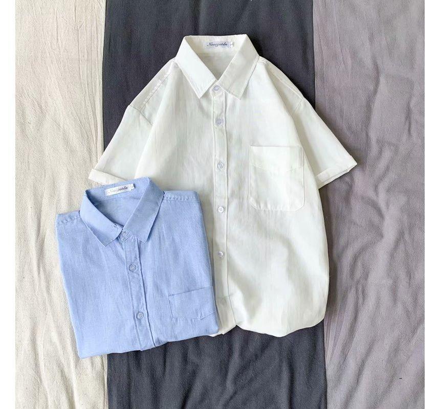 Short-Sleeve Collared Plain Shirt Product Image