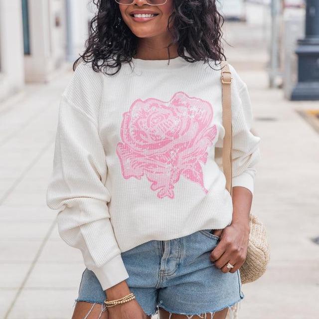 Distressed Rose Ivory Corded Graphic Sweatshirt Product Image