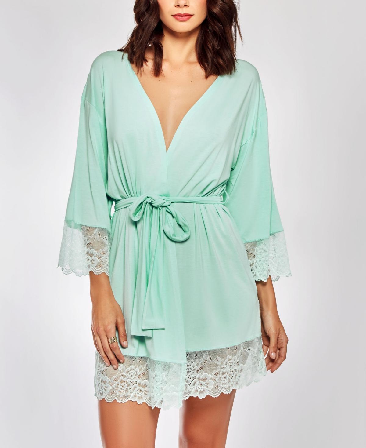 iCollection Elegant Modal Knit Robe Lingerie with Contrast Scalloped Lace - Mint Product Image