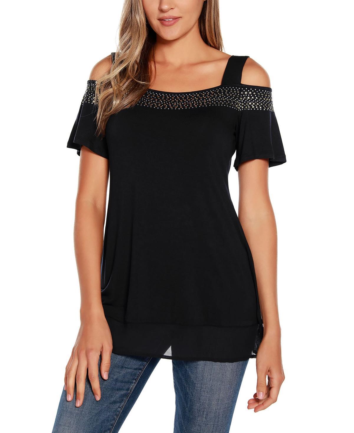 Belldini Womens Embellished Cold-Shoulder Top Product Image