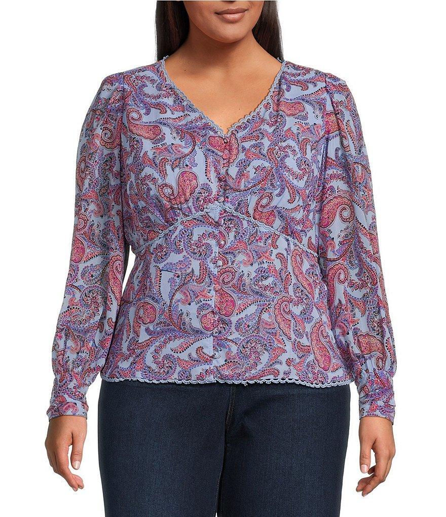 Jessica Simpson Plus Size Elia Paisley Print V-Neck Blouson Sleeve Corset Top Product Image