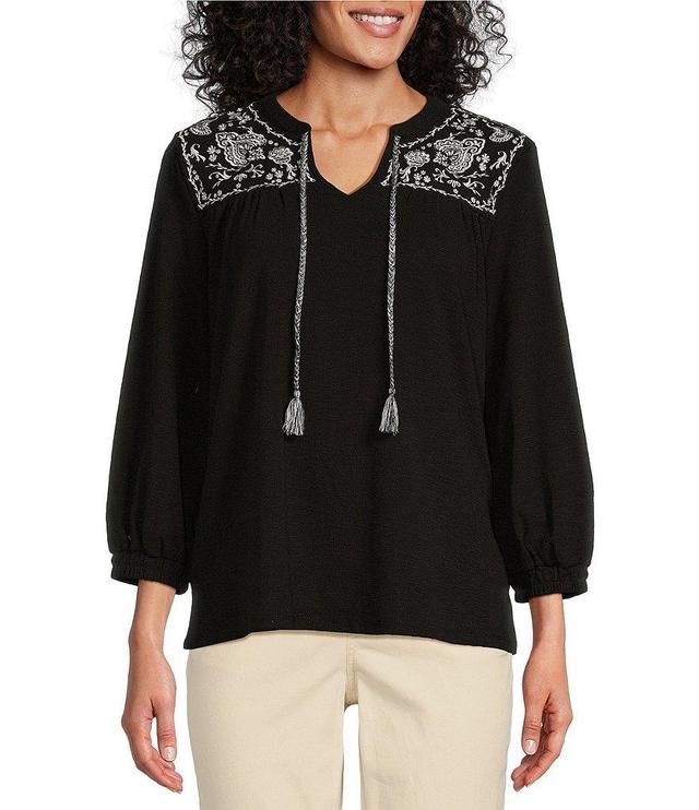 Westbound Petite Size Knit V-Neck 3/4 Sleeve Embroidered Top Product Image