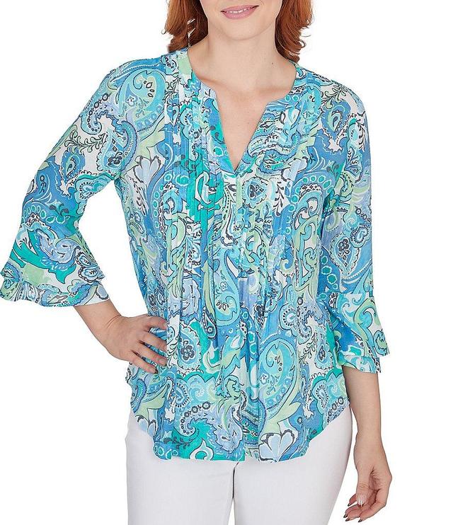 Ruby Rd. Paisley Print Slub Woven Notch Neck Pleated 3/4 Sleeve Top Product Image