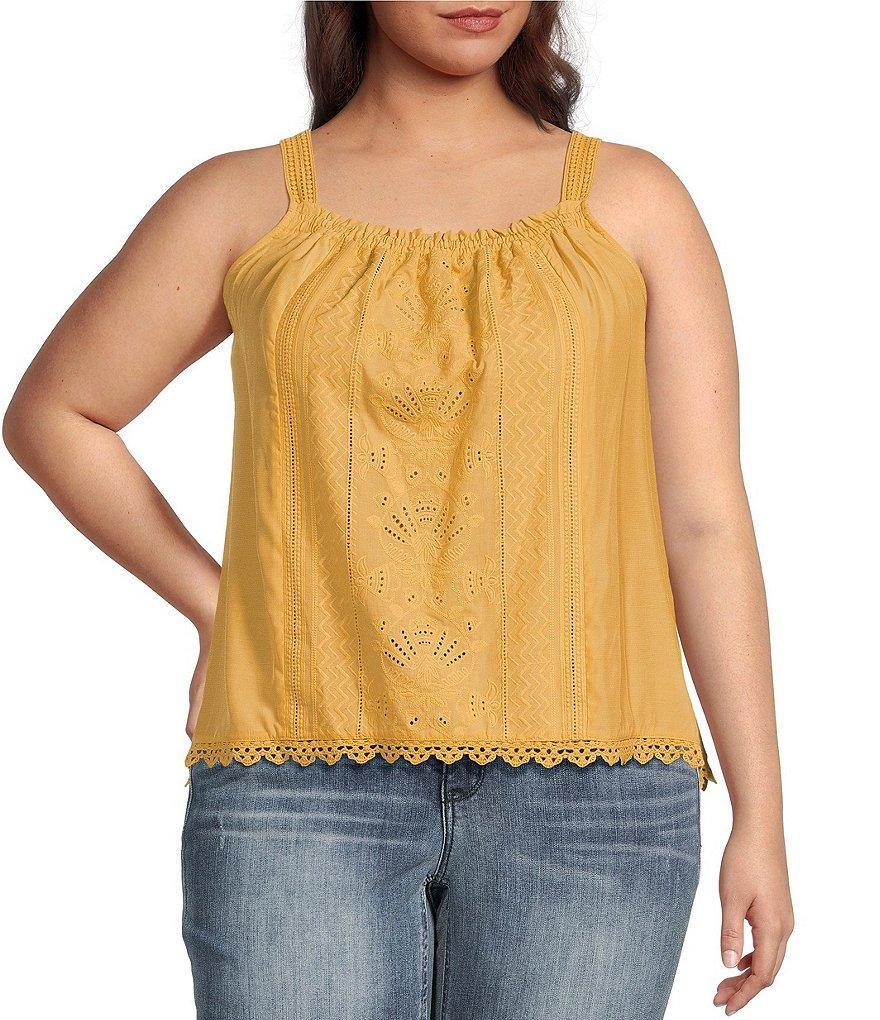 Democracy Plus Size Embroidered Ruched Square Neck Sleeveless Scallop Hem Tank Top Product Image