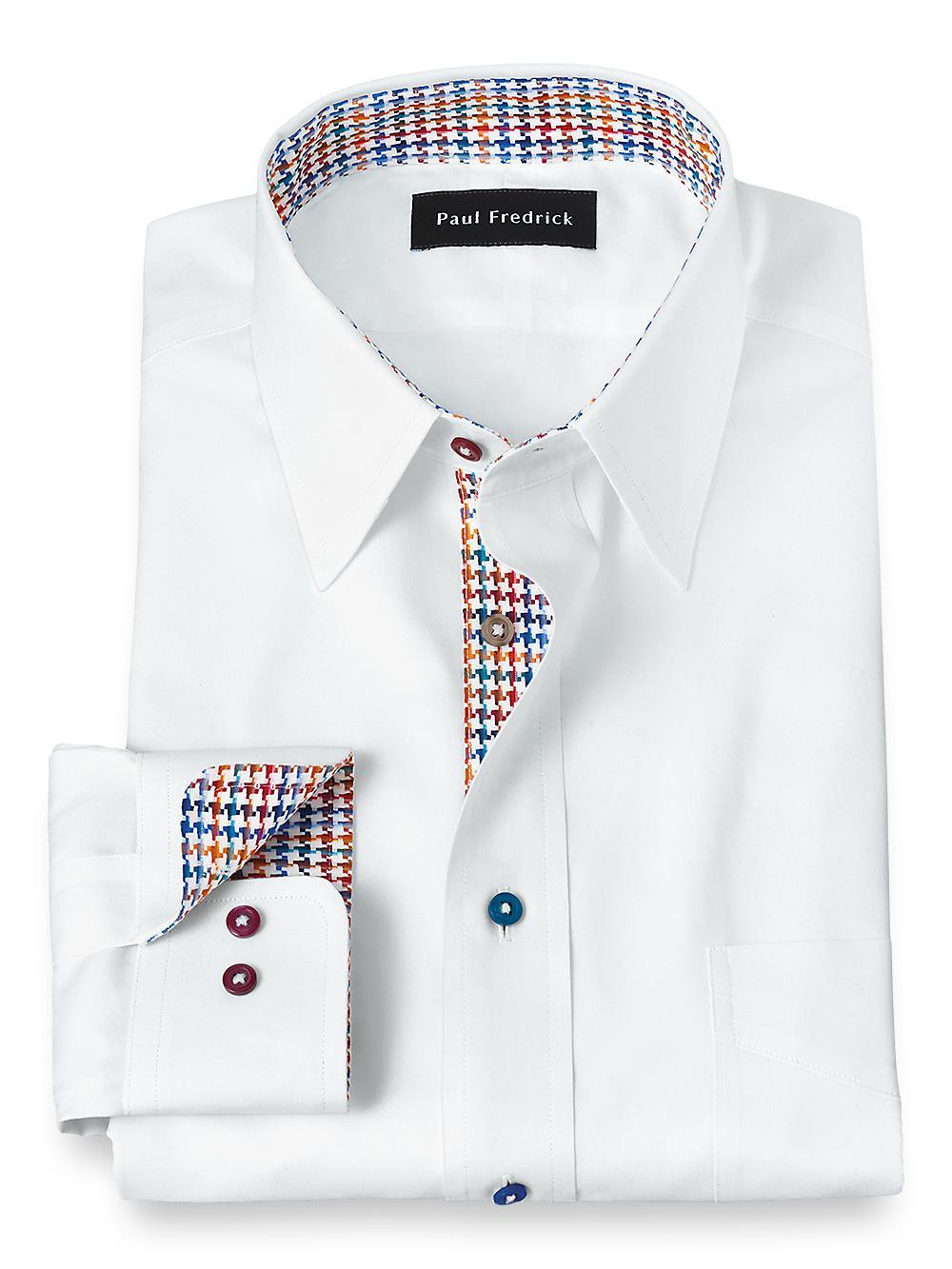 Non-Iron Cotton Solid Dress Shirt With Contrast Trim - White Multi Product Image