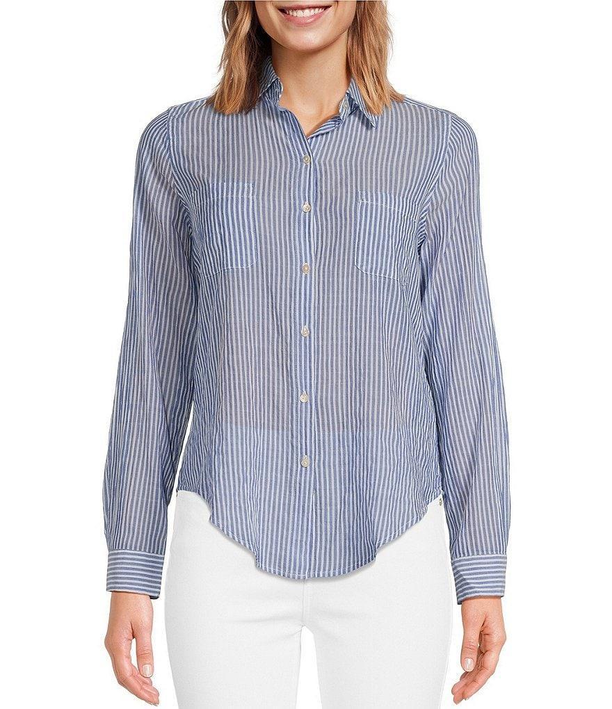 Lilly Pulitzer Sea View Pinstripe Print Point Collar Long Sleeve Button Down Blouse Product Image