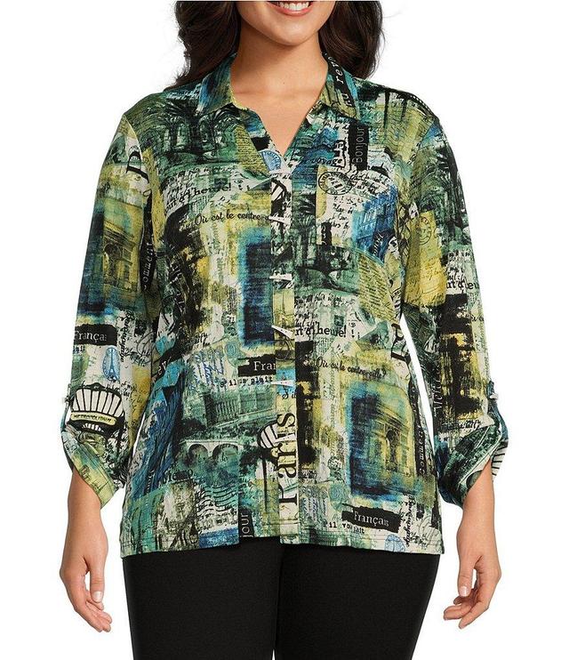 Ali Miles Plus Size Printed Knit Jacquard Point Collar Neckline 3/4 Sleeve Tunic Product Image