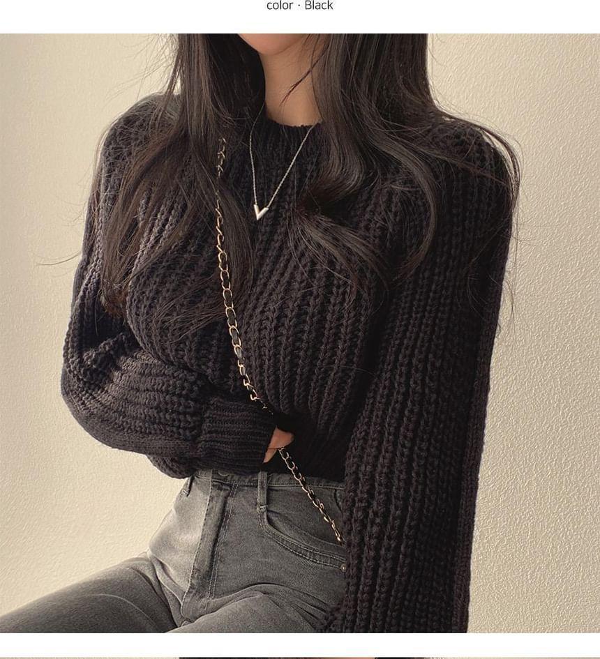 Crew Neck Plain Chunky Knit Crop Sweater Product Image