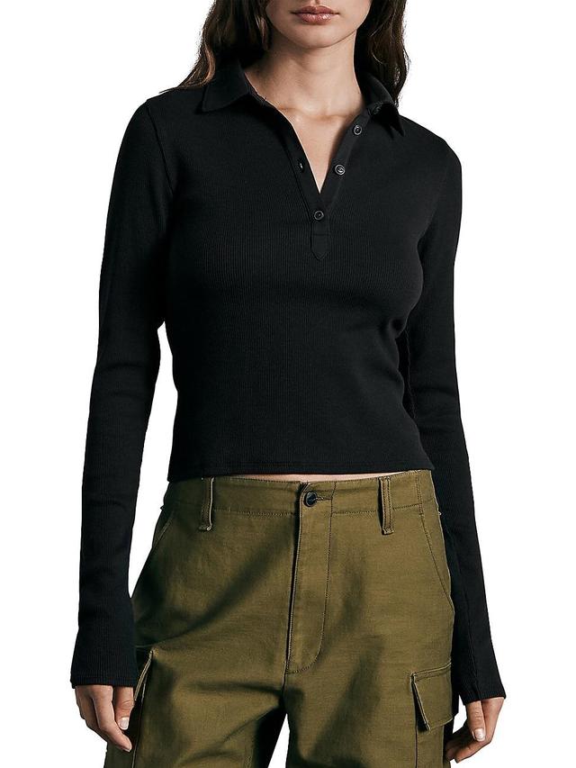 Womens Essential Rib-Knit Polo Top - Black - Size XXS Product Image