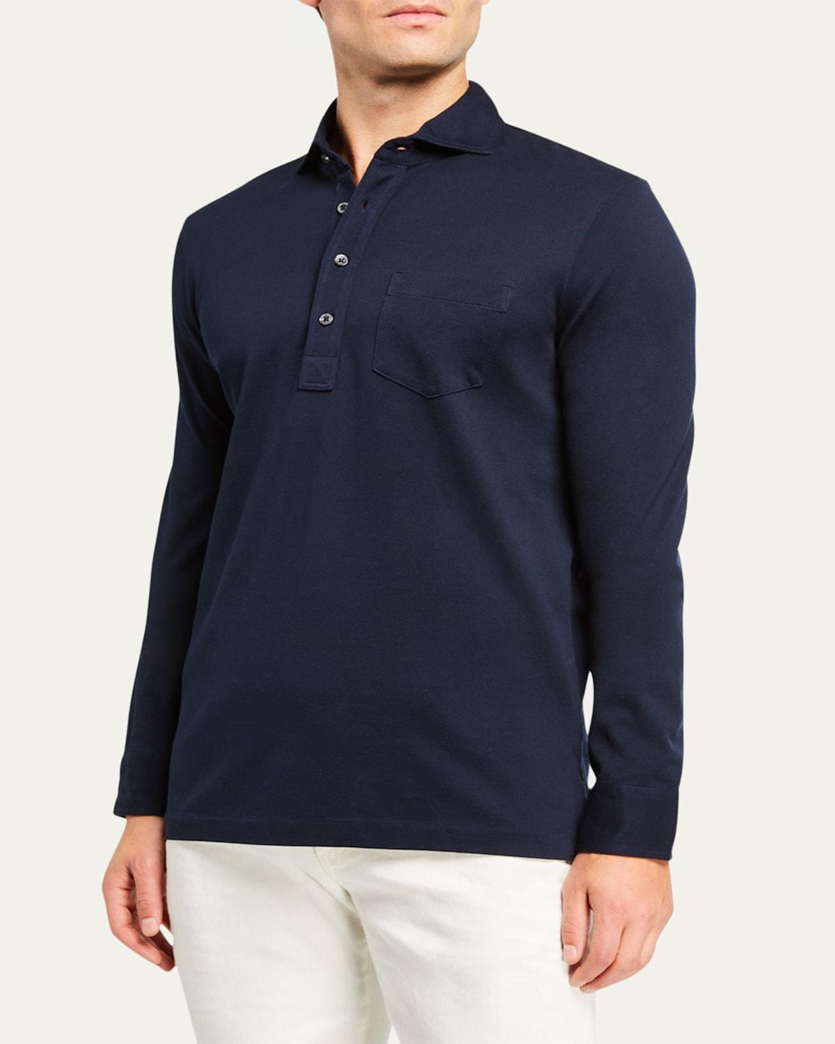 Mens Washed Long-Sleeve Pocket Polo Shirt, White Product Image