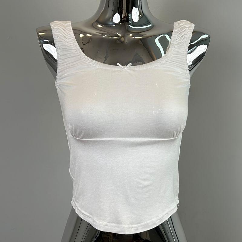 Scoop Neck Plain Bow Accent Ruched Slim Fit Crop Tank Top Product Image