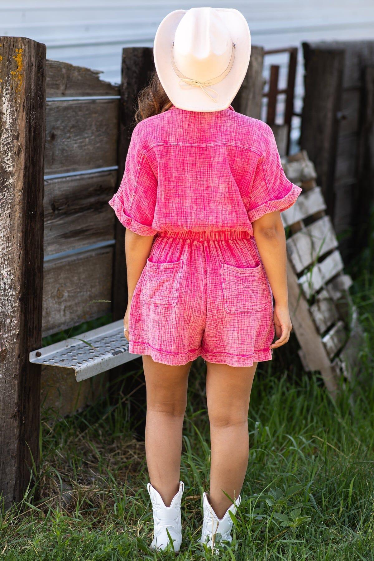 Hot Pink Washed Elastic Waist Romper Product Image