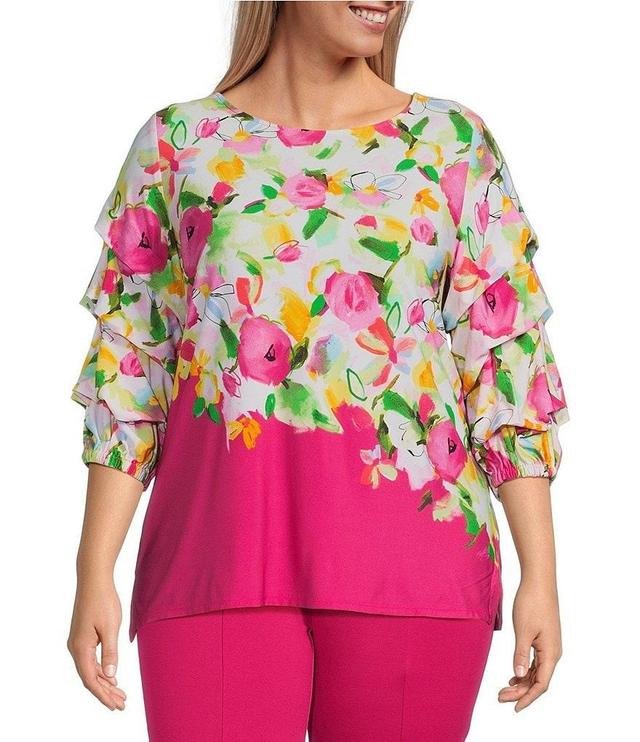 Slim Factor by Investment Plus Size 3/4 Tiered Sleeve Cascade Floral Knit Top Product Image