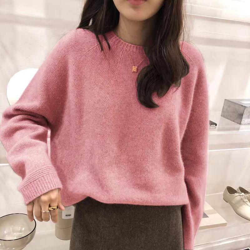 Long-Sleeve Round Neck Plain Sweater Product Image