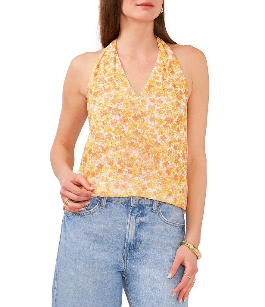 1. STATE Glowing Petals Print Sleeveless Halter V-Neck Gauze Chiffon Top Product Image