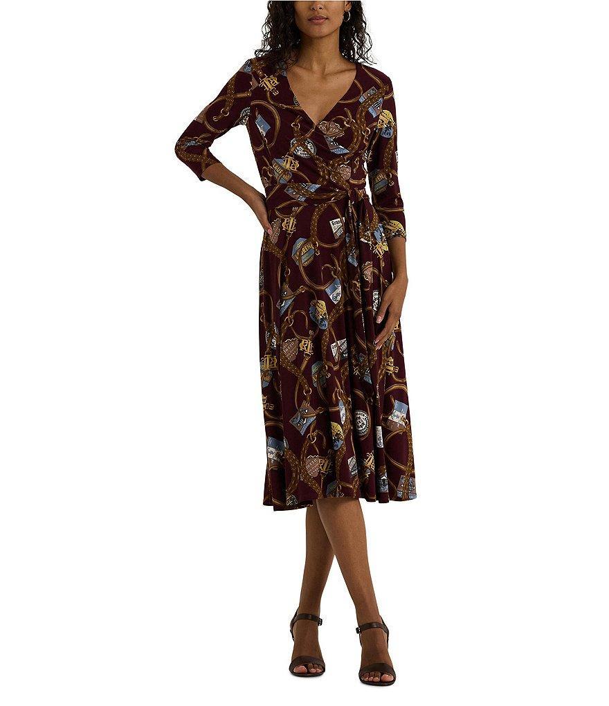 Lauren Ralph Lauren Carlyna Belt Print Jersey V-Neck 3/4 Sleeve Tie Waist Midi Dress Product Image