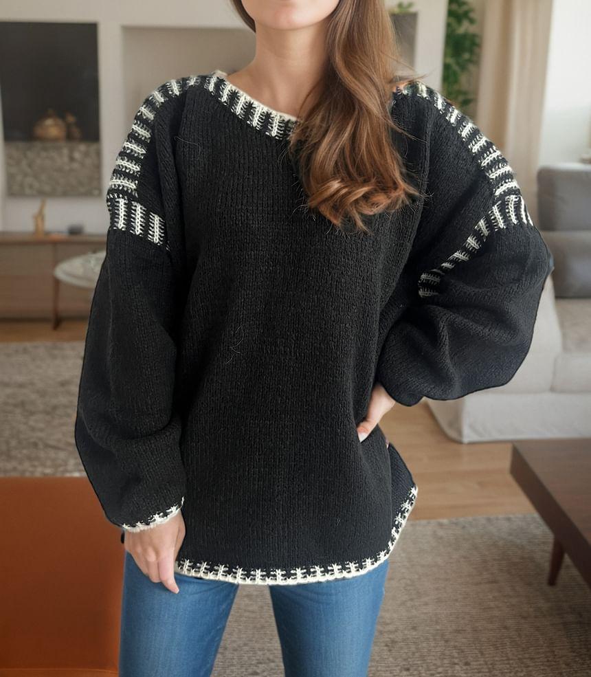 Puff-Sleeve Round Neck Plain Contrast Trim Sweater Product Image