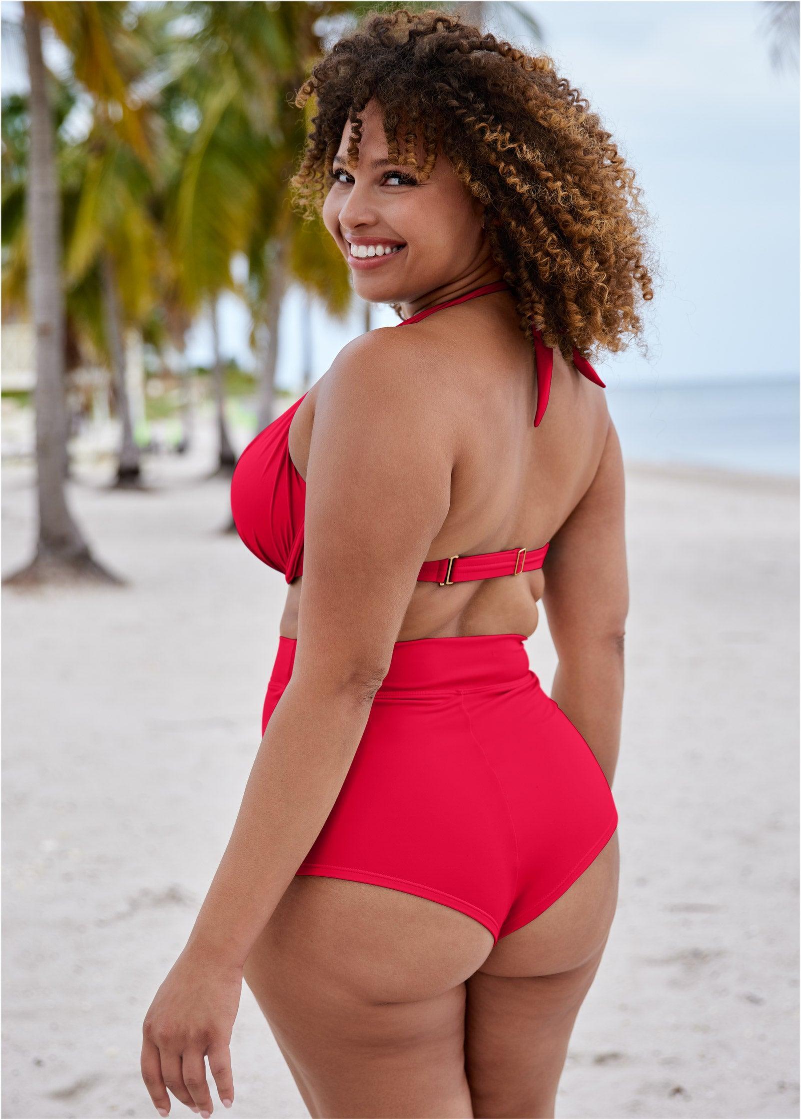 High-Waist Cheeky Swim Shorts - Red Hot Product Image