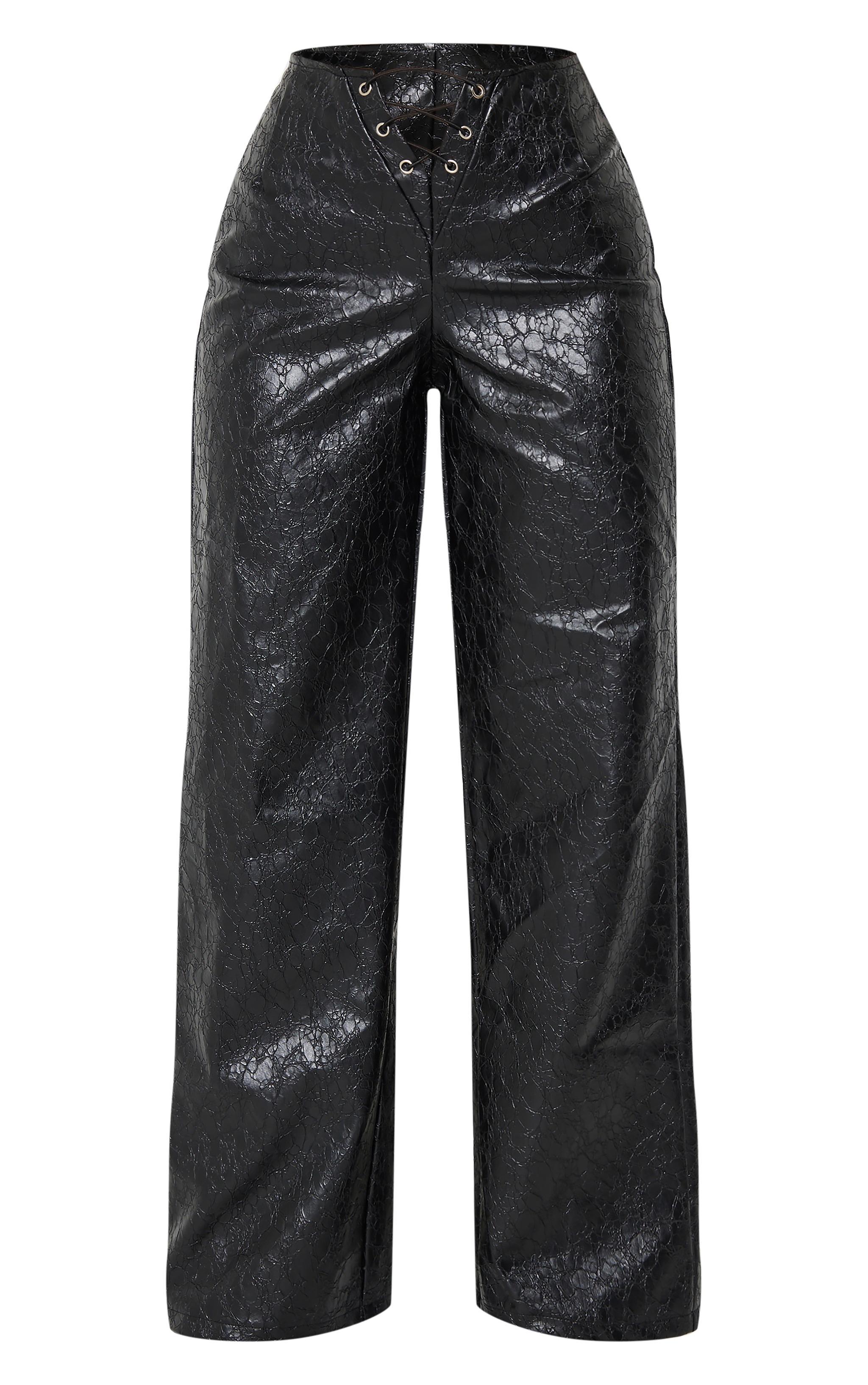 Petite Black Faux Leather Cracked Effect Lace Up Wide Leg Pants Product Image