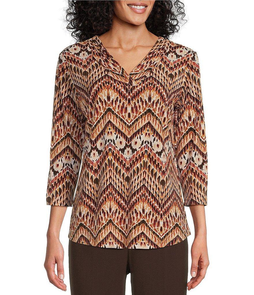 Allison Daley Espresso Multi Chevron Print Pleated 3/4 Sleeve V Neck Knit Top Product Image