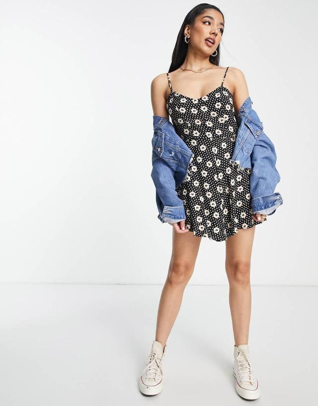 Miss Selfridge strappy romper in mono heart daisy  Product Image