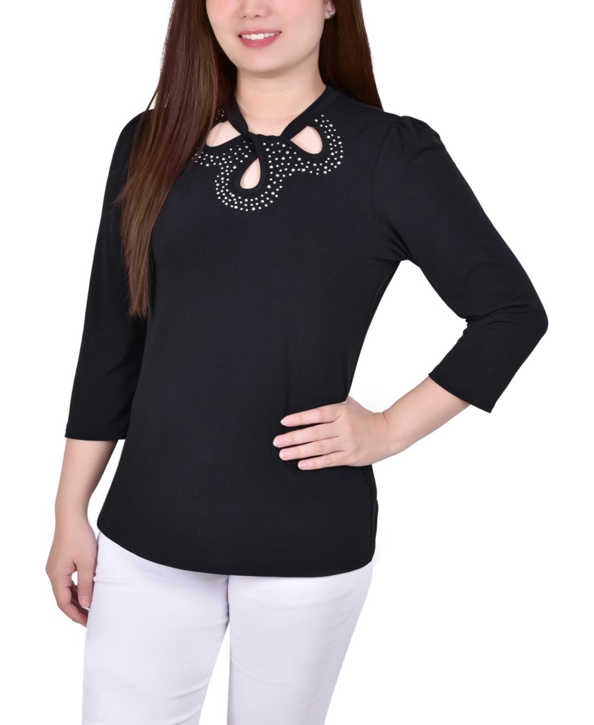 Petite 3/4 Sleeve Knit Crepe Studded Keyhole Top Product Image