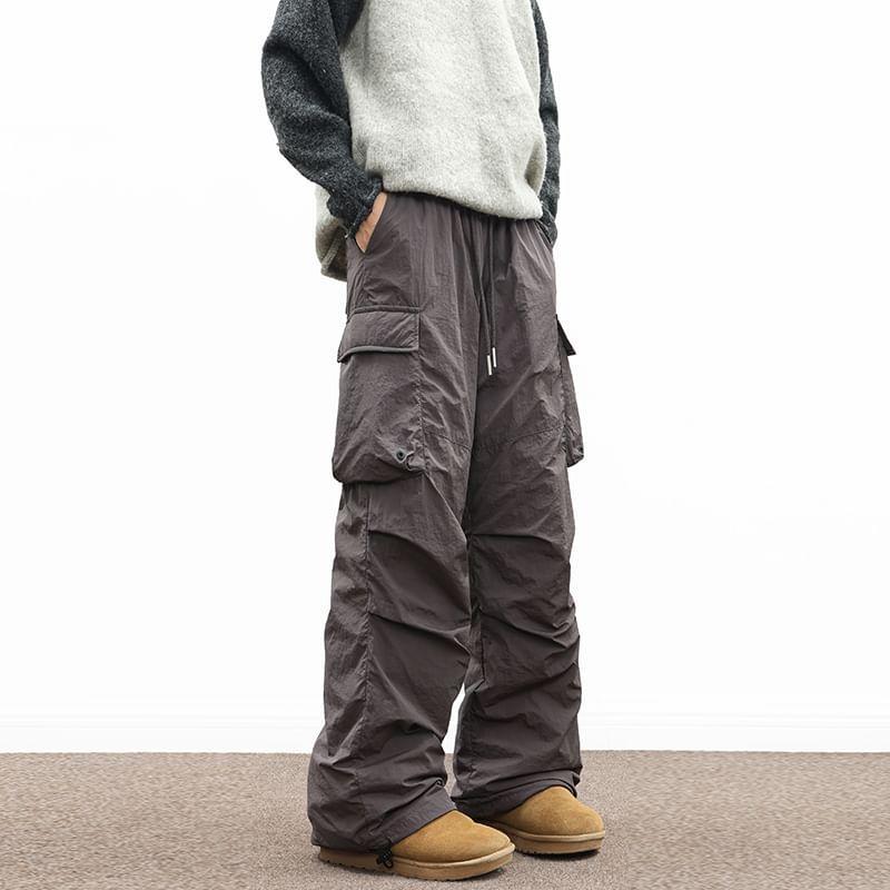 Drawstring Waist Plain Straight Leg Puffer Parachute Pants Product Image