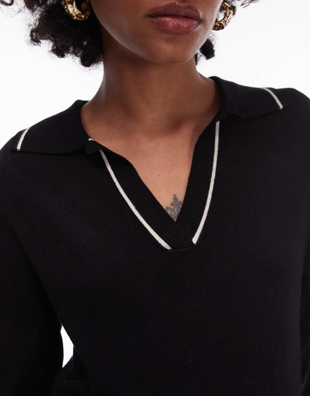 Mango deep v-neck polo top with contrast detail in black Product Image