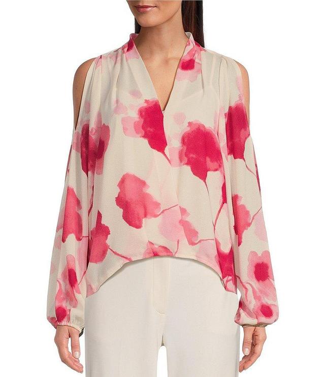 Donna Karan Floral Textured Georgette Cold Shoulder Long Sleeve Blouse Product Image