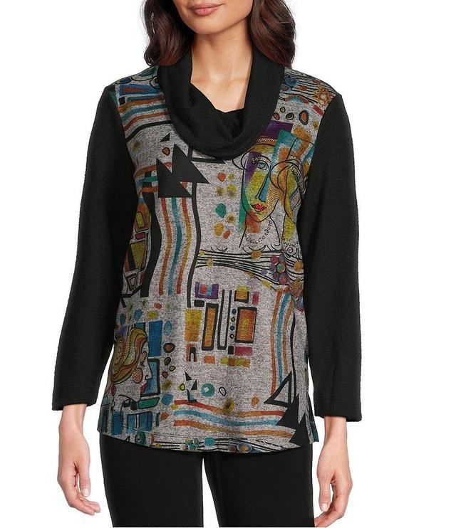 Ali Miles Knit Print Cowl Neck 3/4 Sleeve Tunic Product Image