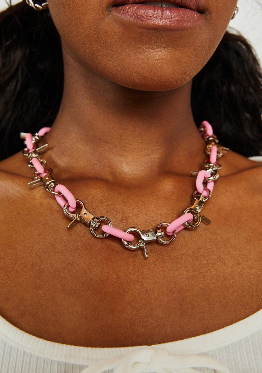 Vinyl Chain Link And Metallic Lobster Claw Necklace - Gold Pink Product Image