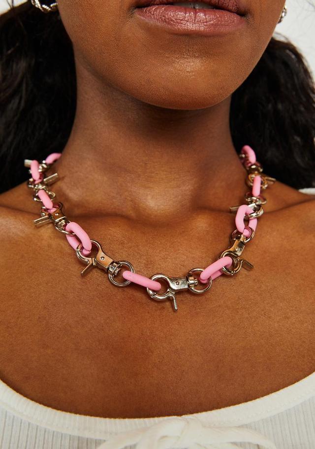 Vinyl Chain Link And Metallic Lobster Claw Necklace - Gold Pink Product Image