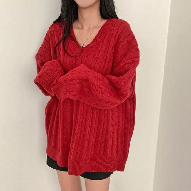 V-Neck Plain Cable-Knit Sweater Product Image