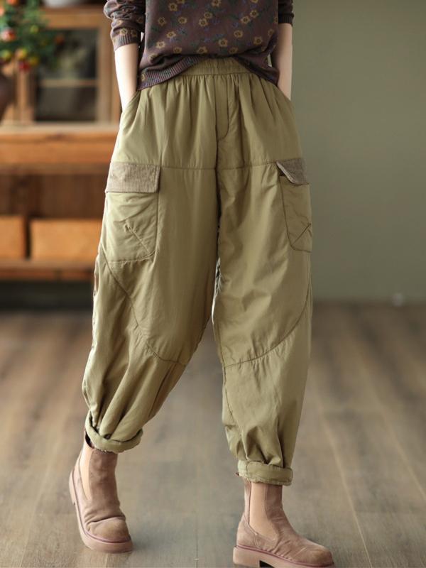 Vintage Loose Split-Joint Solid Color Elastic Waist Padded Harem Pants Product Image