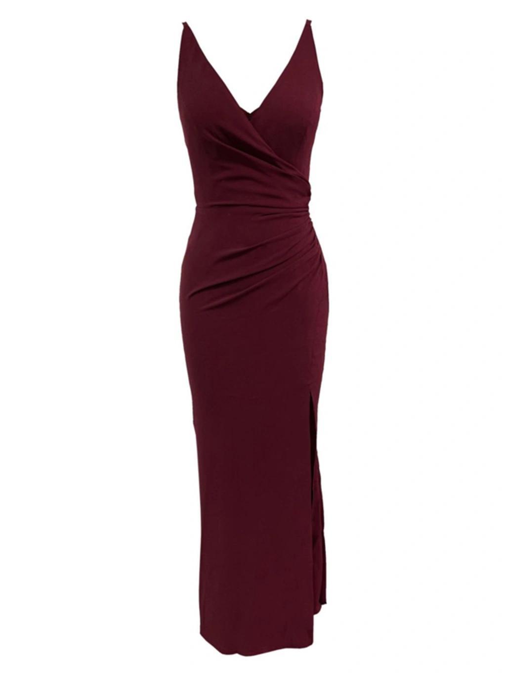 Jordan Ruched Side Slit Gown In Burgundy Product Image