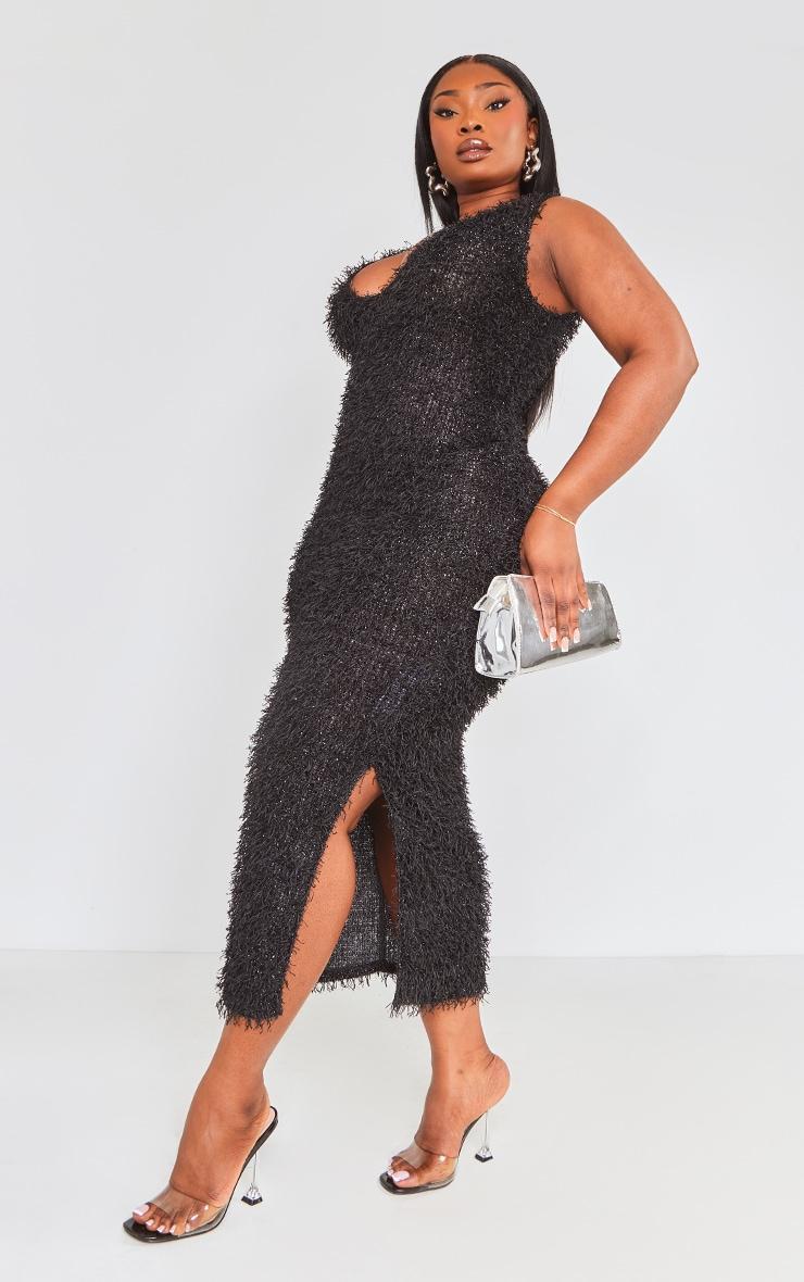 Plus Black Fluffy Glitter Side Split Midaxi Dress Product Image