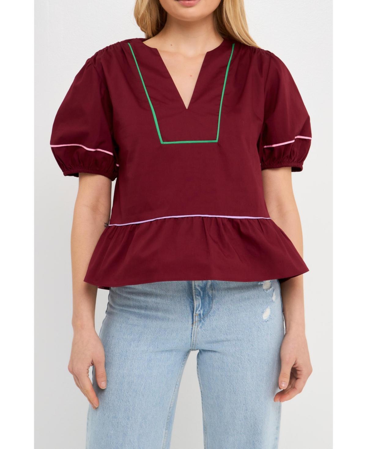 English Factory Womens Piping Detail Top with Short Puff Sleeves Product Image