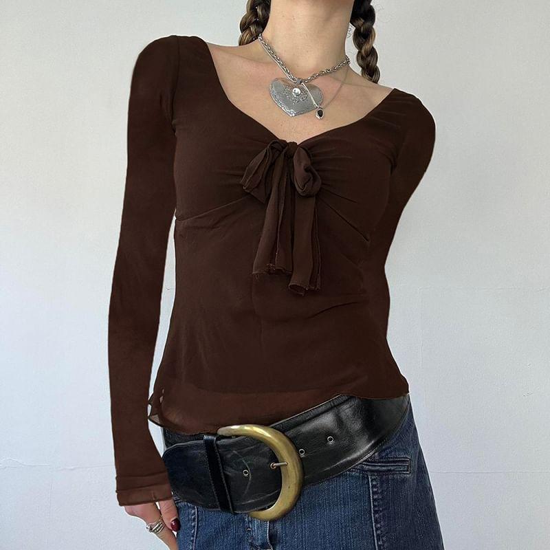 Long-Sleeve V-Neck Plain Bow T-Shirt Product Image